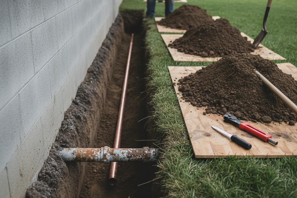 Excavated water line trench during Sewer Line Repair in Sanders